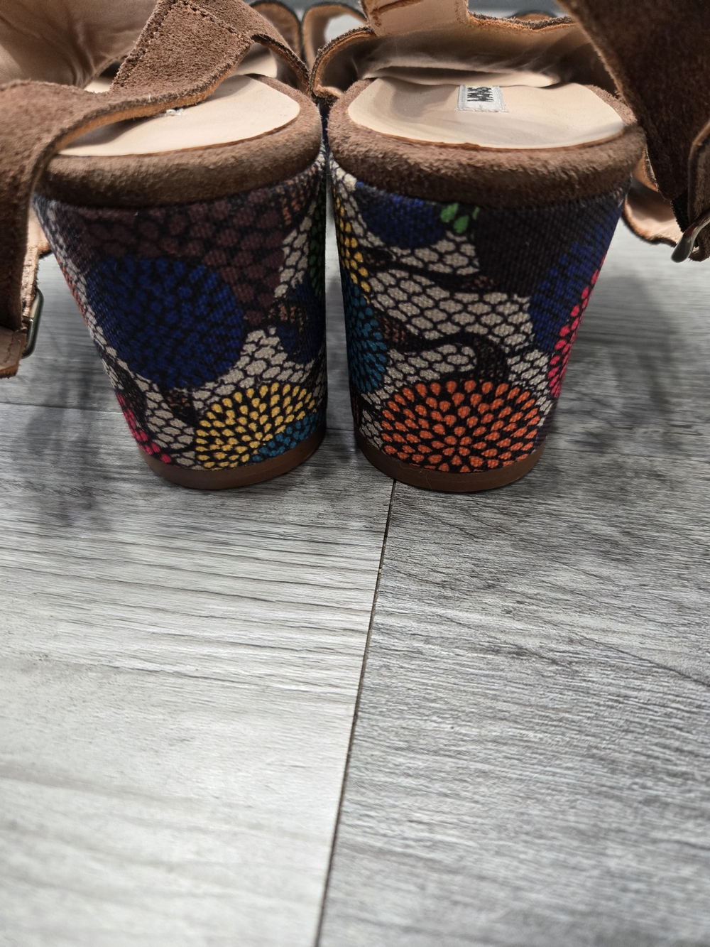 Brown Suede Platform Sandals with Colorful Printed Wedge - Picture 5 of 7